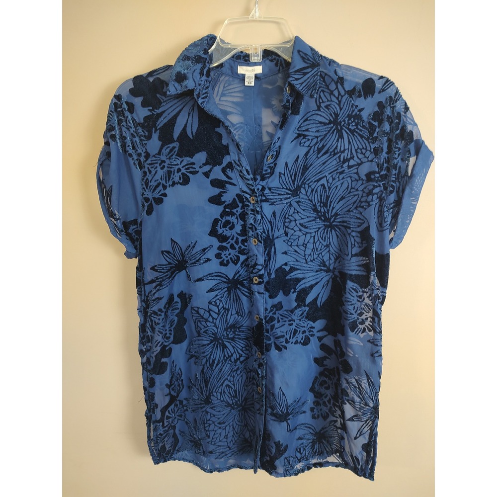 Ecote Urban Outfitters Blue Burnout Velvet Tropical Floral Button Down Shirt XS
